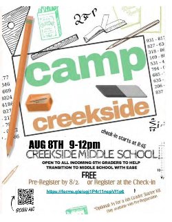 Flyer for Camp Creekside orientation for incoming 6th graders. 